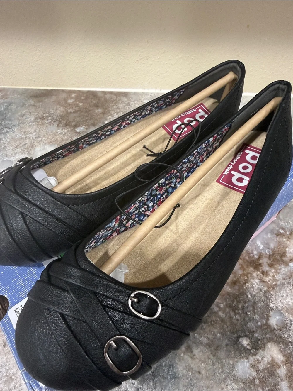 pop Black Memory Foam Slip-On Ballet Flats with Woven Strap